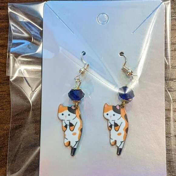Calico Cat Earrings with Cobalt Blue Czech Glass Accents - Picture 5 of 8